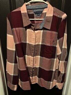 Tommy Hilfiger Burgundy and Peach Plaid Button-Up Shirt